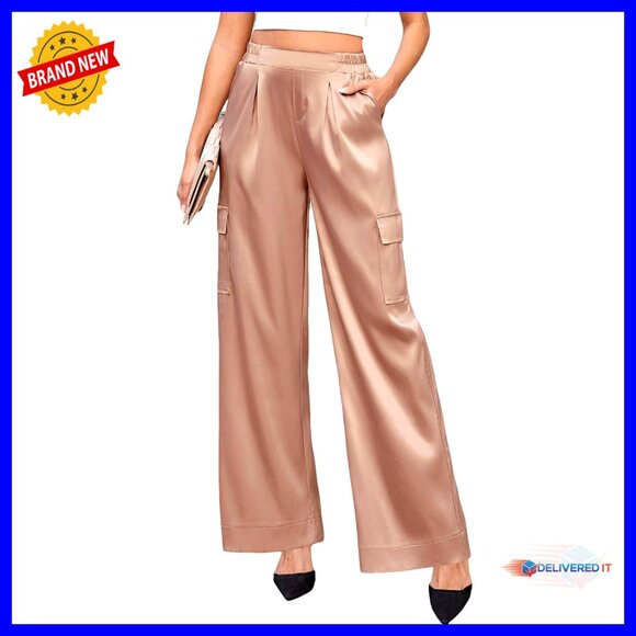 Satin Wide Leg Cargo Pants High Waisted Palazzo Trousers Dressy Casual